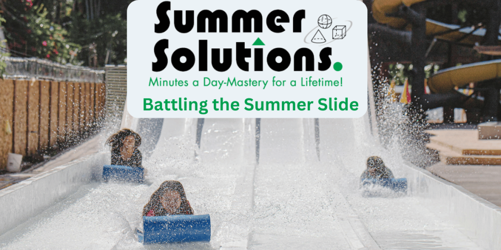 Summer Solutions logo over a waterslide with several kids sliding down. Photo by Denniz Futalan: https://www.pexels.com/photo/white-slides-3453009/